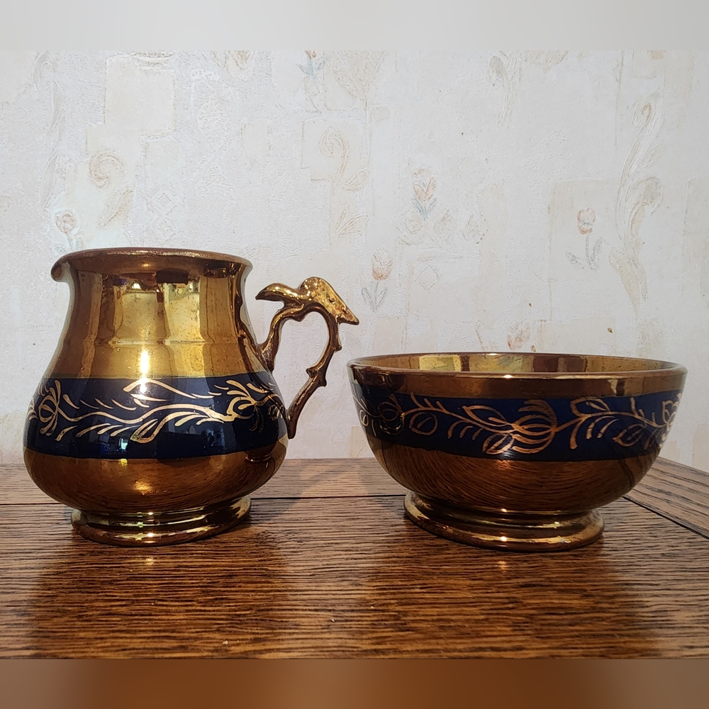 Gold and Blue Ceramic Pitcher and Bowl Set